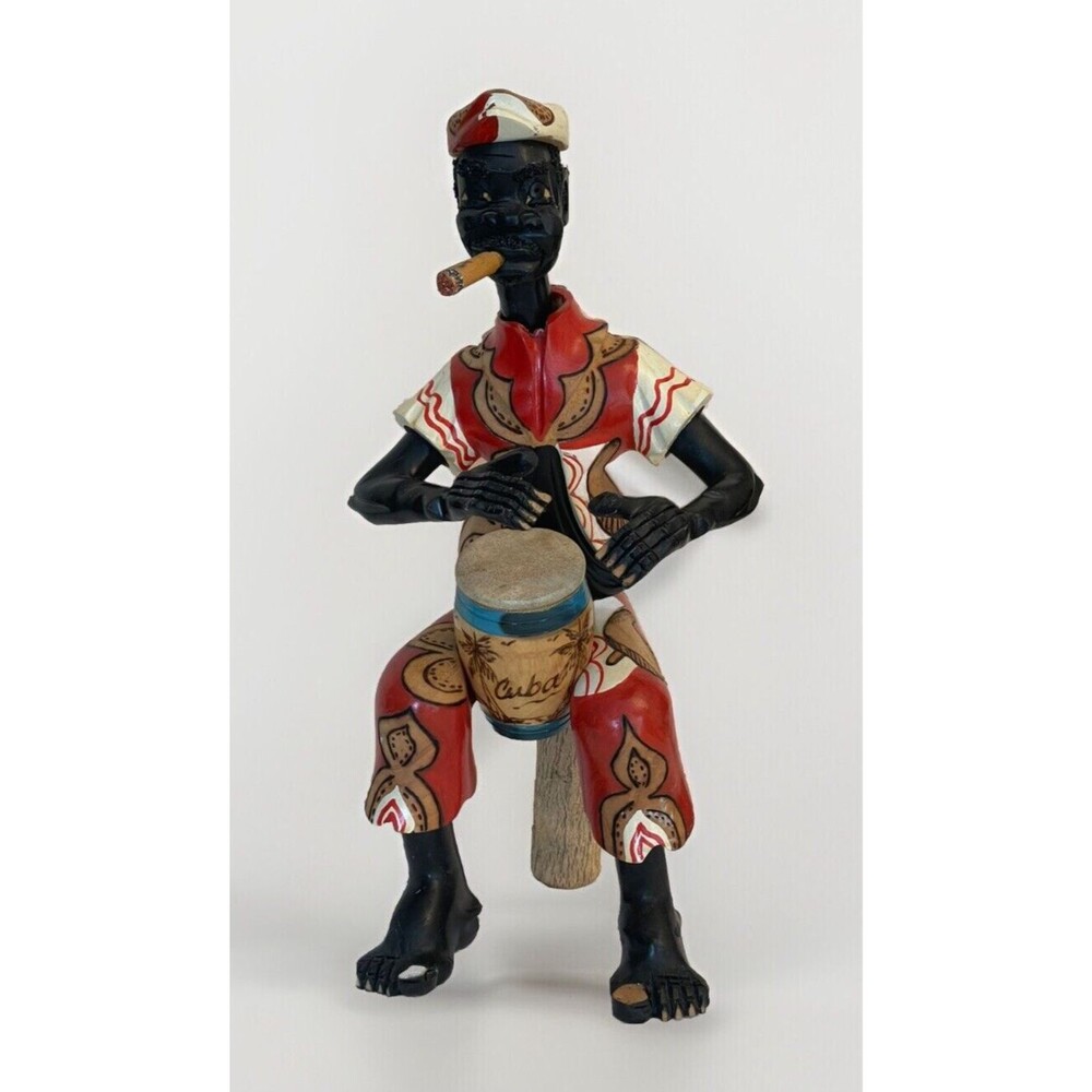 CUBA Folk Art Man Musician Drummer Hand-Carved Hand-Painted 17" WOOD Sculpture